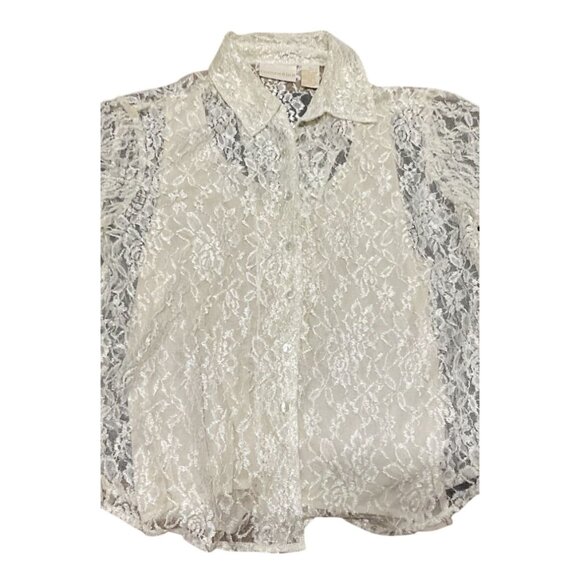Christie & Jill Cream Ivory Lace Button-Up Blouse Size L Polyester/Nylon Womens - Picture 2 of 4